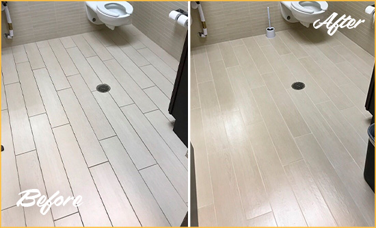 Before and After Picture of a Doylestown Office Restroom's Grout Cleaned to Remove Dirt