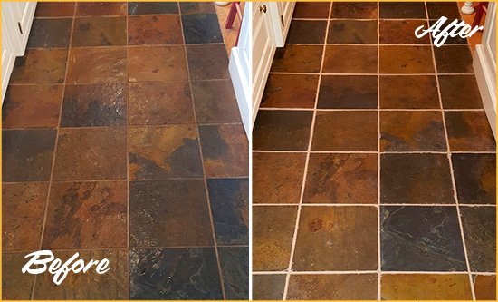 Before and After Picture of Glenside Slate Floor Grout Cleaned to Remove Dirt