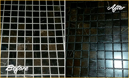 Before and After Picture of a Ottsville Black Floor with Recolored Grout