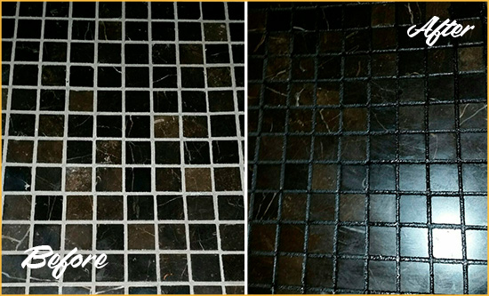 Before and After Picture of a Pennsburg Black Floor with Recolored Grout