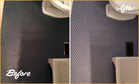Before and After Picture of a Fountainville Blue Tile Floor Recolored Grout