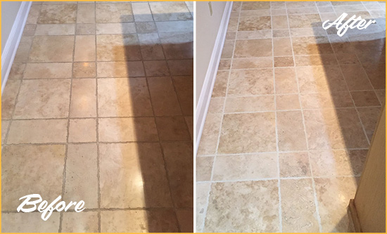 Before and After Picture of a Narberth Travertine Kitchen Floor Recolored Grout