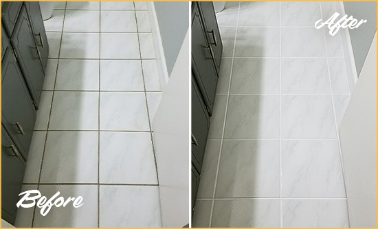 Before and After Picture of a Blawenburg White Ceramic Tile with Recolored Grout