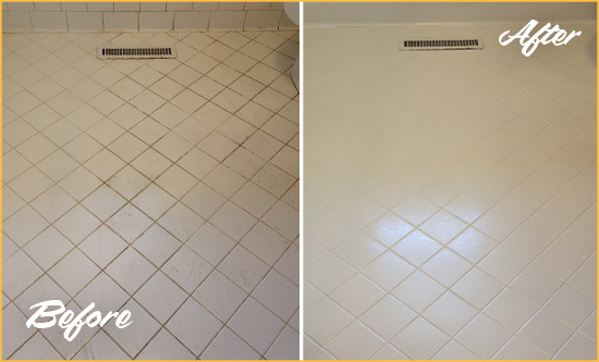 Before and After Picture of a Colmar White Bathroom Floor Grout Sealed for Extra Protection