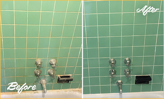 Before and After Picture of a Solebury Bath Tub Grout Sealed to Avoid Water Damage