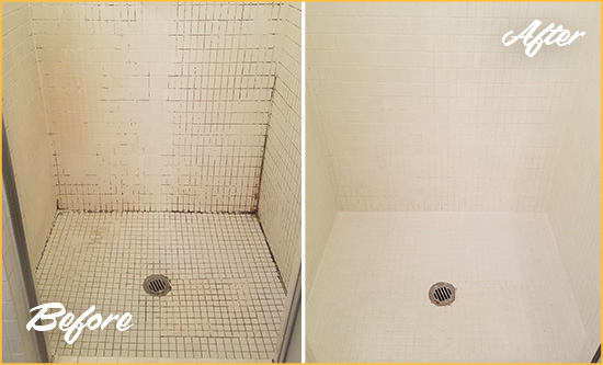 Before and After Picture of a Doylestown Bathroom Grout Sealed to Remove Mold