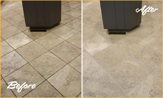 Before and After Picture of a Holland Kitchen Floor Grout Sealed to Remove Stains