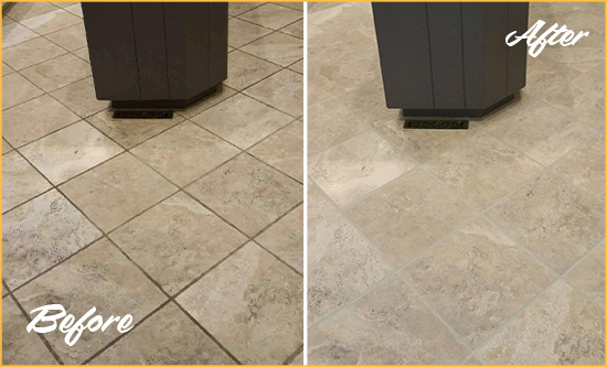 Before and After Picture of a Cedars Kitchen Floor Grout Sealed to Remove Stains