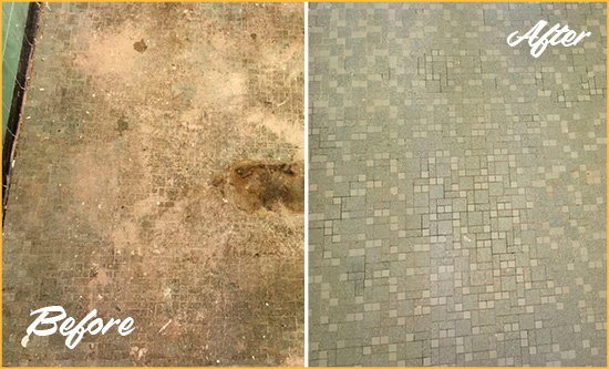 Before and After Picture of a Quakertown Mosaic Shower Cleaned to Eliminate Embedded Dirt