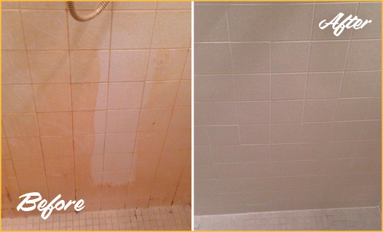 Before and After Picture of a Arcola Porcelaine Shower Cleaned to Remove Soap Scum