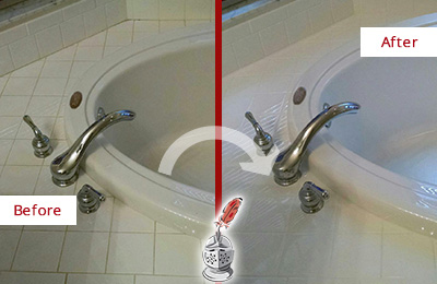 Sir Grout Bucks Repairs the Caulking of this Hotel Bathtub to Avoid Water Damage Before and After Picture of a Hotel Bathtub Caulking Repair