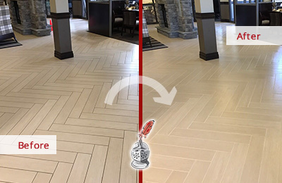 Sir Grout Bucks Cleans and Seals this Lobby Tile Floor During a Maintenance Visit to Remove Embedded Grime Before and After Picture of Lobby Tile Floor Cleaned and Sealed to Remove Embedded Grime