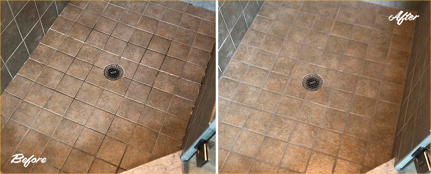 Before and After Picture of a Ceramic Floor After Grout Cleaning in Basking Ridge, NJ
