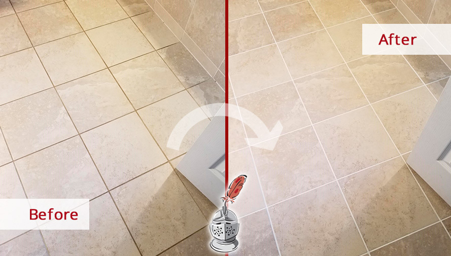 Image Depicting the Condition of a Bathroom Floor Before and After a Grout Sealing in Milford, NJ