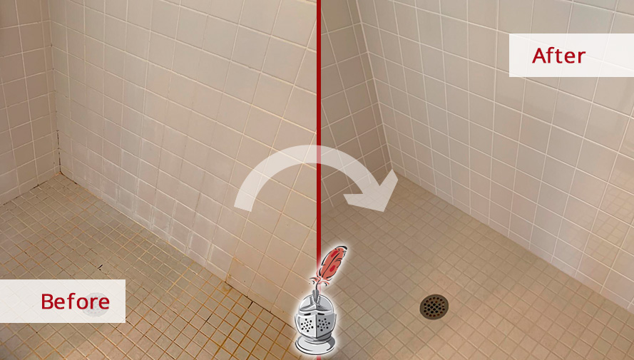 Shower Joints and Floor Before and After Our Morrisville Caulking Services