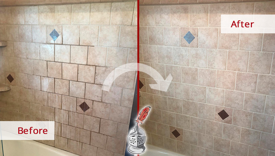 Before and After Image of a Ceramic Shower After a Professional Grout Cleaning in Bridgewater