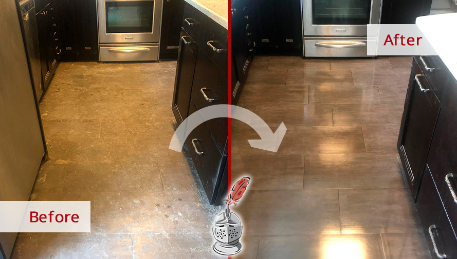 Picture of a Kitchen Floor Before and After a Tile Sealing in Flemington, NJ