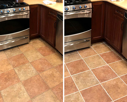 Image of a Kitchen Floor Before and After a Tile Cleaning in Philadelphia, PA