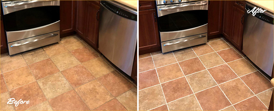 Image of a Kitchen Floor Before and After a Remarkable Tile Cleaning in Philadelphia, PA