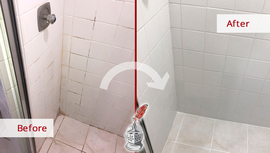 Image of a Shower Floor Before and After Our Professional Tile Cleaning in Somerville, NJ
