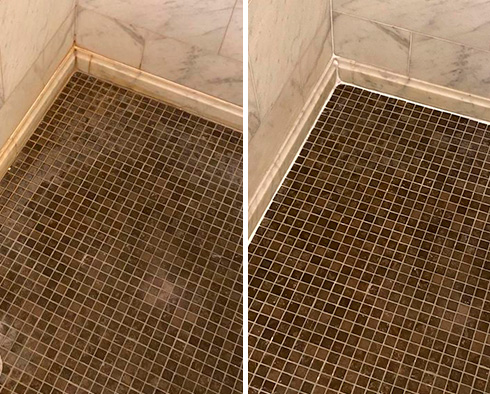 Shower Floor Before and After a Service by Our Tile and Grout Cleaners in Bethelem, PA