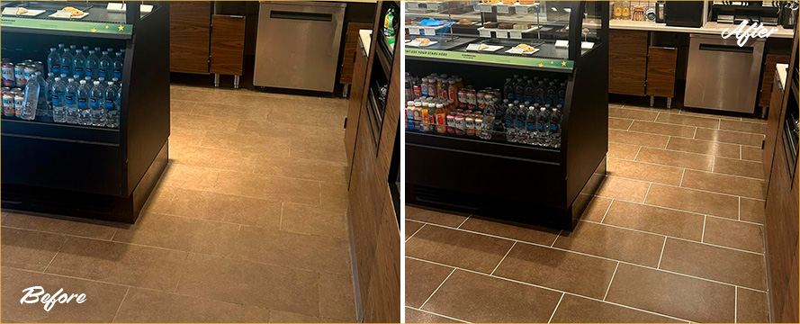 Coffeehouse Floor Before and After Our Hard Surface Restoration Services in Allentown, PA