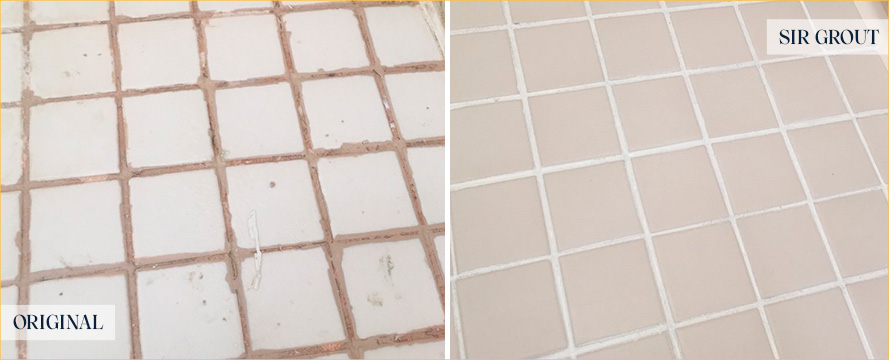Before and After Picture of a Restored Shower Floor After a Grout Recoloring Service in Blue Bell, PA
