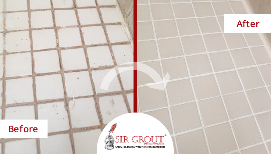 Before and After Picture of a Restored Shower Floor After a Grout Recoloring Service in Blue Bell, PA