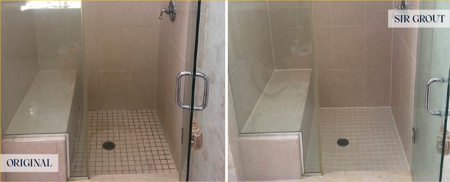 Before and After Picture of a Shower Floor Grout Recoloring Service in Blue Bell, PA
