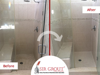 Before and After Picture of a Shower Floor Grout Recoloring Service in Blue Bell, PA