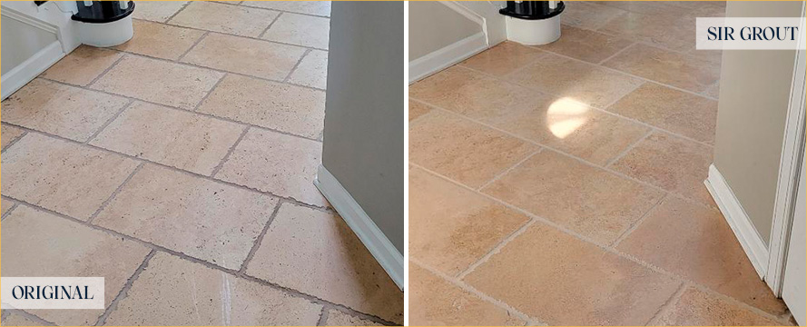 Foyer Floor Before and After a Stone Cleaning in Landsdale