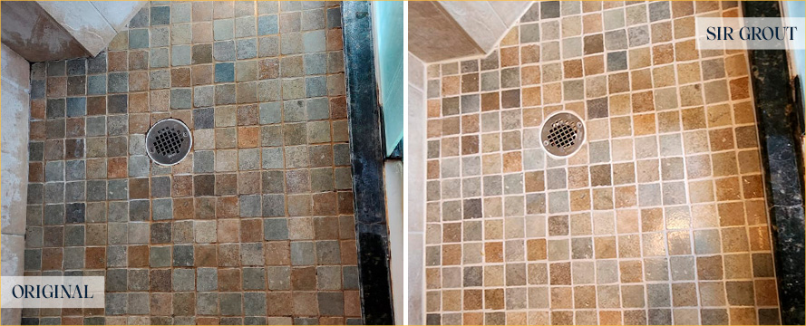 Shower Floor Before and After a Service from Our Tile and Grout Cleaners in Bethlehem