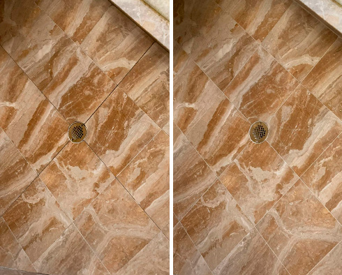 Marble Floor Before and After a Grout Cleaning in Morrisville
