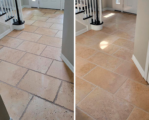 Travertine Floor Before and After a Grout Sealing in Lansdale