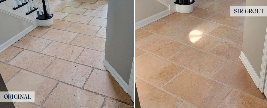 Travertine Floor Before and After a Grout Sealing in Lansdale
