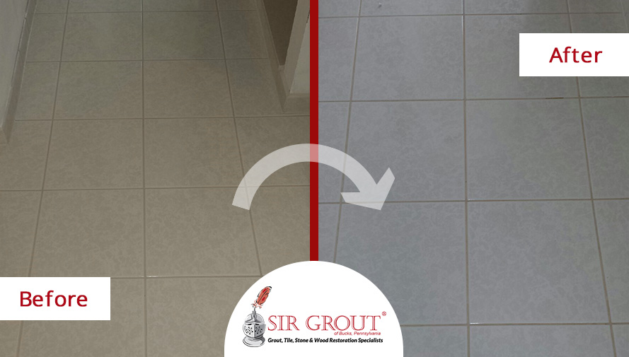 Before and After Picture of a Grout Recoloring Service in Newtown, Pennsylvania