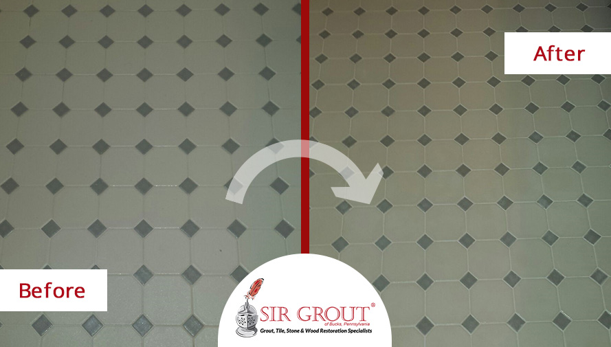 Before and After Image of a Grout Recoloring Service in Newtown, Pennsylvania