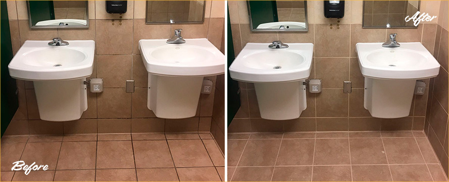 Before and After Picture of a Ladies' Room Grout Cleaning Service in Montgomeryville, Pennsylvania