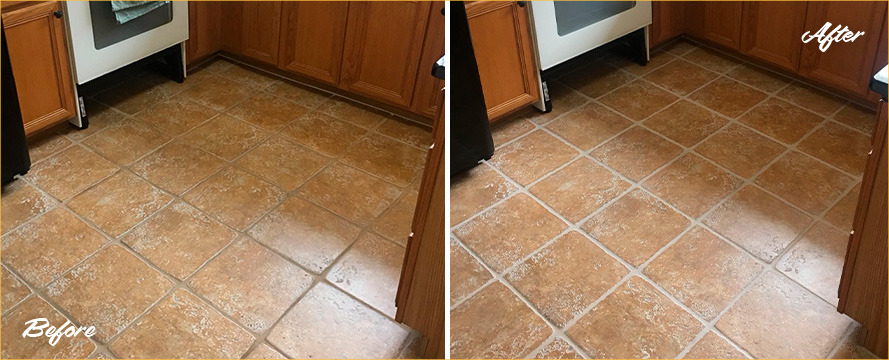 Before and After Picture of a Kitchen Floor Grout Sealing in Trumbauersville, Pennsylvania