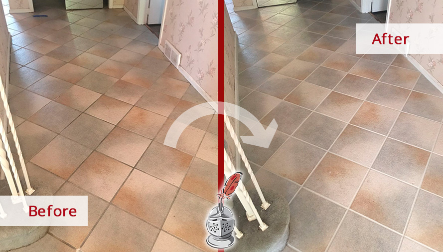 Before and After Picture of a Hall Tile Floor Grout Sealing Service in Philadelphia, Pennsylvania