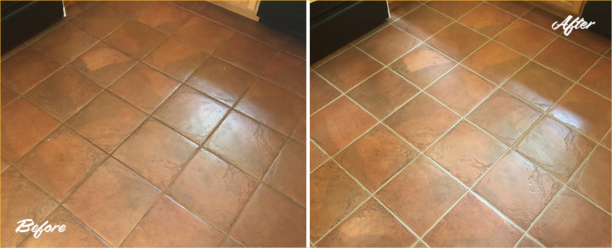 Before and After Picture of a Ceramic Tile Kitchen Floor Grout Sealing Service in Huntingdon Valley, PA