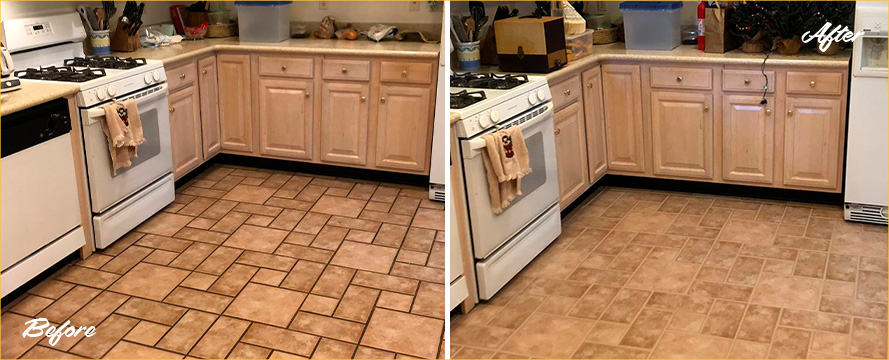 Before and After Image of a Ceramic Tile Kitchen Floor Grout Cleaners in Souderton, Pennsylvania