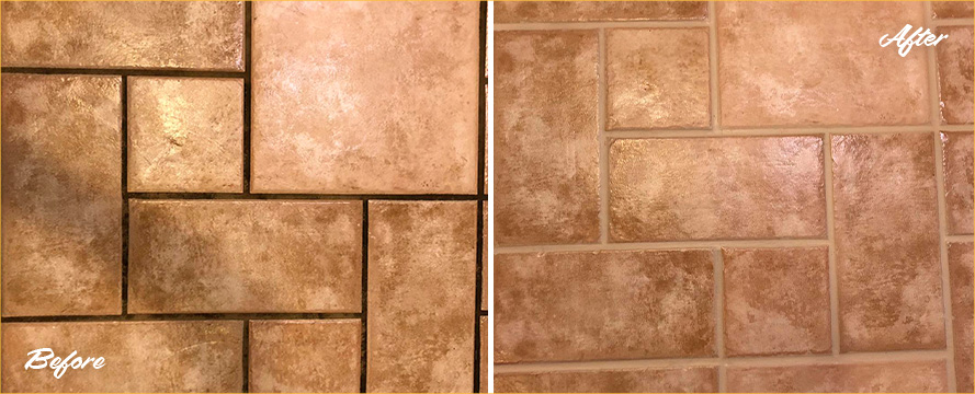 Before and After Picture of a Ceramic Tile Kitchen Floor Grout Cleaners in Souderton, Pennsylvania