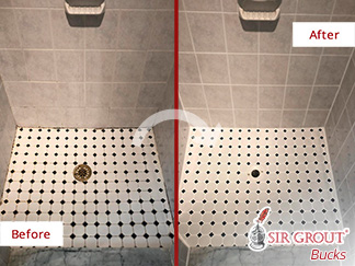 Before and AFter Picture of a Shower Floor Grout Cleaning Service in Alburtis, PA