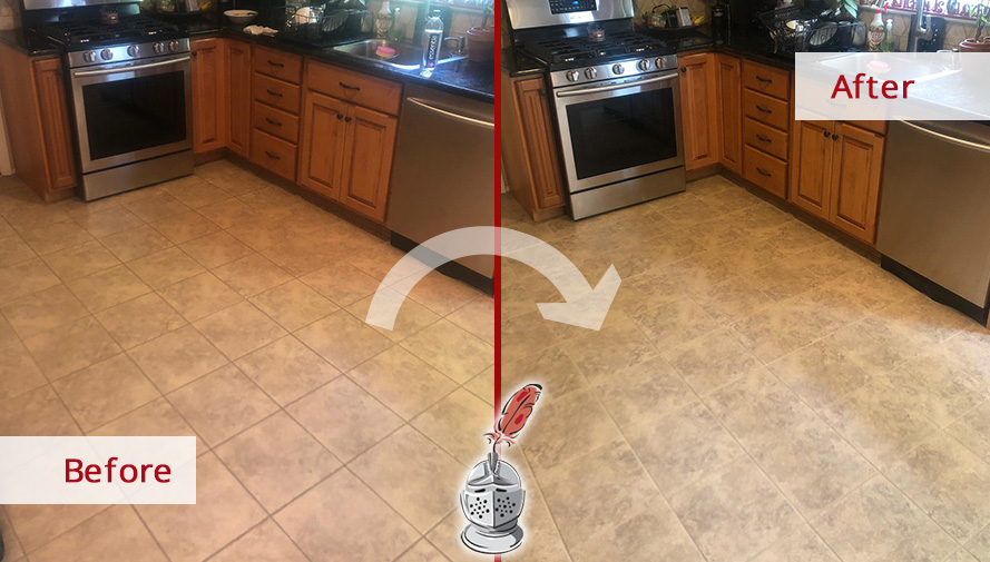 Before and after Picture of This Kitchen Floor after a Grout Cleaning Job in Southampton, PA