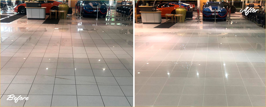 Before and after Picture of This Dealership Floor after a Tile Cleaning Job in Royersford, PA