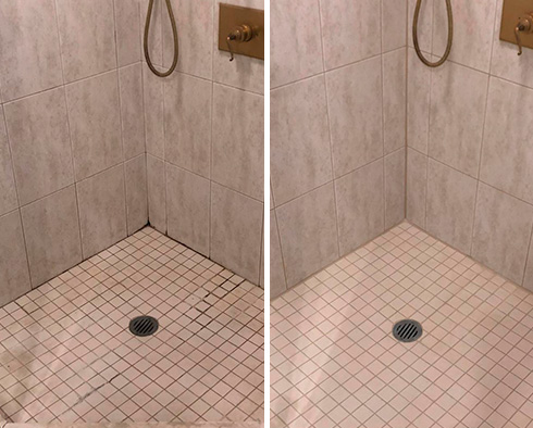 Shower Floor Before and After of a Grout Sealing Process in Ambler, PA