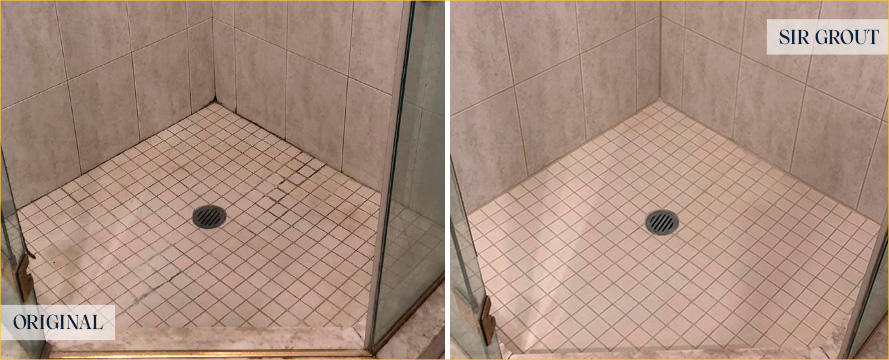Shower Floor Before and After of a Grout Sealing Process in Ambler, PA