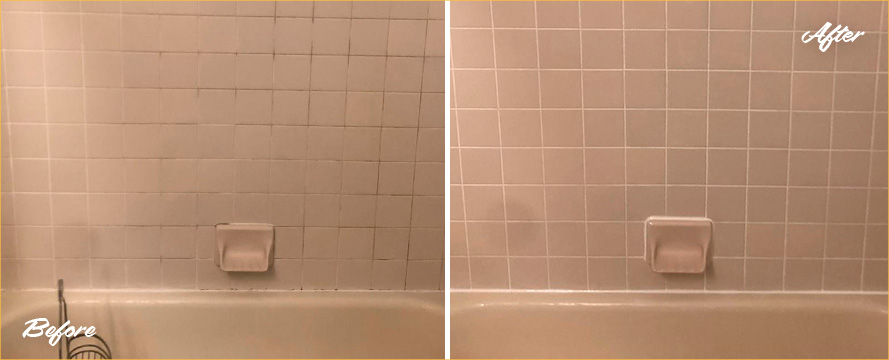 Before and After Image of a Bathing Area to Showcase the Changes Provided by a Grout Cleaning Service in Newtown, PA