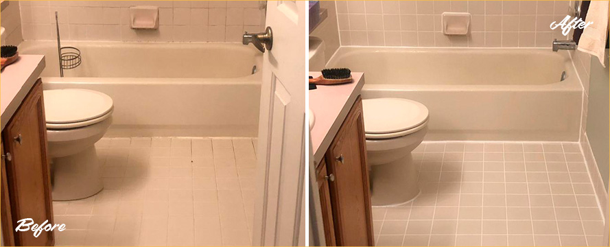 Side to Side Comparison of a Bathroom in Newtown, PA Before and After a Grout Cleaning Service